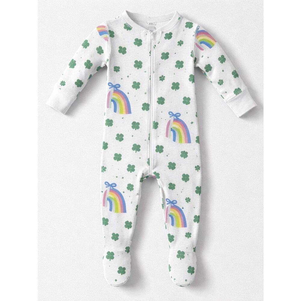 The Beaufort Bonnet Company shamrock bows and rainbows print footie NWOT o/3 m